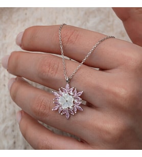 Pembe Zirkon Taşlı Çiçek 925 Ayar Gümüş Kadın Kolye