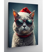 Kanvas Tablo Gözlüklü Ve Noel Baba Şapkalı Kedi