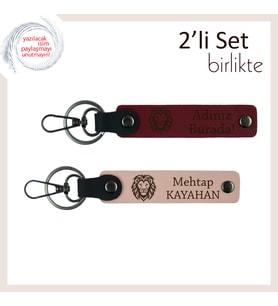 Doğum Gününe Karizmatik Hediye, Aslan Desenli Deri 2’li Anahtarlık Takımı, Bordo-Yavru Ağzı