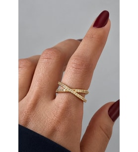 Çapraz Tasarım Zirkon Taşlı Ayarlanabilir Kadın Çelik Yüzük Gold Kararmaz Renk Atmaz
