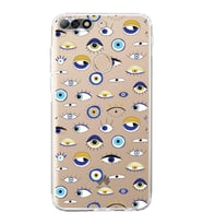 PrintiFy Huawei Y7 2018 ile Uyumlu Nazar Boncuğu 2 Baskılı Kamera Korumalı Şeffaf Silikon Kılıf