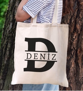 BK Gift Kişiye Özel Harfli Kanvas Bez Çanta-1, Baskılı Omuz Çantası, Alışveriş Çantası