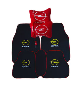 Opel uyumlu Araç Oto Halı Paspas  Opel Araç Seyahat Boyun Yastığı & Oto Ayna Askısı (Siyah-Kırmızı)