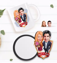 BK Gift Kişiye Özel Sevgililer Karikatürlü Beyaz Kupa ve Ahşap Bardak Altlığı Hediye Seti-94