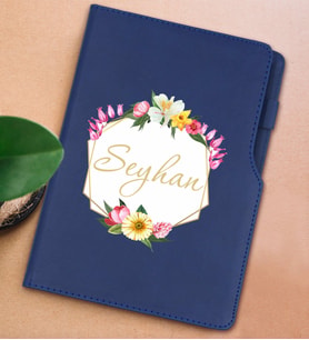 BK Gift Kişiye Özel Çiçek Tasarımlı Lacivert Termo Deri Not Defteri 15x21cm-9