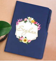 BK Gift Kişiye Özel Çiçek Tasarımlı Lacivert Termo Deri Not Defteri 15x21cm-9