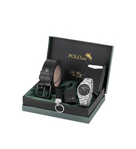 Polo Air Mercek Takvimli Erkek Kol Saati, Mıknatıslı Otomatik Mekanizmalı Cüzdan, Kemer, Kartlık, Anahtarlık Ve Çakmak Seti Gümüş Siyah Renk PL-7098E1