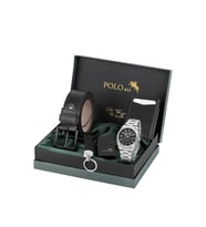 Polo Air Mercek Takvimli Erkek Kol Saati, Mıknatıslı Otomatik Mekanizmalı Cüzdan, Kemer, Kartlık, Anahtarlık Ve Çakmak Seti Gümüş Siyah Renk PL-7098E1