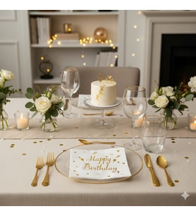 Varaklı Happy Birthday Beyaz Gold Baskılı Peçete 20'li Doğum Günü Parti Peçetesi