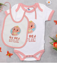 BK Kids Üj Bej Aylık Tasarımlı Pembe Bebek Body Zıbın ve Mama Önlüğü Hediye Seti-1