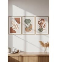 Soyut Yaprak Desenli 3’lü Modern Ahşap Çerçeveli Tablo Seti - Salon Dekoru