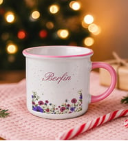 BK Gift Kişiye Özel Çiçek Tasarımlı Pembe Emaye Kupa Bardak -10, Arkadaşa Hediye, Sevgiliye Hediye