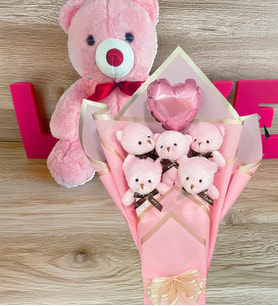 Premium 35 cm Peluş Ayı ve Kalp Balonlu Romantik Pembe Peluş Ayıcık Buketi