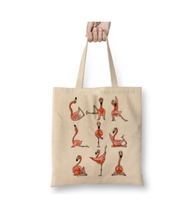 Flamingo Yoga Beyaz Bez Çanta Uzun Saplı Alışveriş Çantası Plaj Çantası