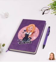 BK Gift Kişiye Özel Kadın Kuaför Karikatürlü Mor Termo Deri Defter Kalem Seti Model 3