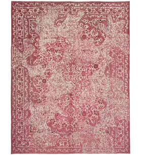 Pembe Halı El Dokuma Yün Karışımlı Eskitme Stil Salon Halısı Bordürlü Nostaljik Tasarım Detayı