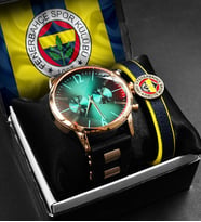 Özel Tasarım Fenerbahçe Kutulu Metal Detay Silikon Kordon Erkek Saati & Fenerbahçe Özel Deri Bileklik Hediye Seti