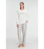Kadın Gri Uzun Kollu Yazı Detaylı Alt Kısmı Ekose Desenli Pijama Takımı (Renksiz)