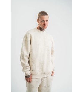 Erkek 3 İplik Pamuklu Yağ Yıkamalı Sweatshirt Double Oversize Bisiklet Yaka Uzun Kol - Krem
