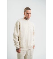 Erkek 3 İplik Pamuklu Yağ Yıkamalı Sweatshirt Double Oversize Bisiklet Yaka Uzun Kol - Krem