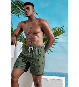 Angelsin Erkek Basic Standart Boy Ananas ve Palmiye Baskılı Mayo Cepli Deniz Şortu (Yeşil)