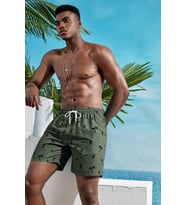 Angelsin Erkek Basic Standart Boy Ananas ve Palmiye Baskılı Mayo Cepli Deniz Şortu (Yeşil)