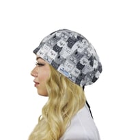 Unisex Gri Kediler Desenli Cerrahi Bone Hemşire Saç Bonesi