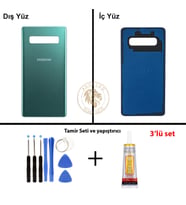 Samsung Galaxy S10 Plus Yeşil Renk Arka Kapak + Tamir Seti + B7000 Yapıştırıcı Arka Cam Batarya Kapağı Pil Kapağı Lazer Kesim Back Cover Galaxy S10 Plus Uyumlu