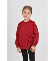 Toontoy Kız Çocuk Taşlı Fiyonklu Sweatshirt (Bordo)