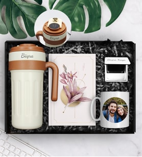 Kişiye Özel Çelik 700 ML Dereceli Termos & Tasarım Defter & Kişiye Özel Fotoğraf Kupa & Ayna Hediye Seti