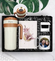 Kişiye Özel Çelik 700 ML Dereceli Termos & Tasarım Defter & Kişiye Özel Fotoğraf Kupa & Ayna Hediye Seti