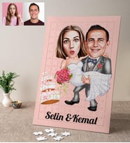 Karikatürlü Gelin Damat Pastalı Kişiye Özel Puzzle