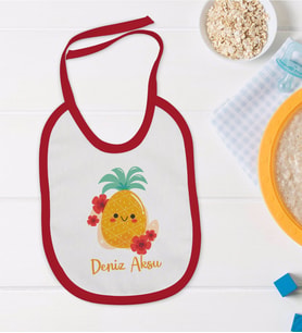 BK Kids Kişiye Özel Sevimli Ananas Tasarımlı Kırmızı Bebek Mama Önlüğü-2