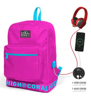 Coral High Neon Pembe Nakış Logolu Dört Bölmeli USB Şarjlı Kulaklık Çıkışlı Sırt Çantası 24108