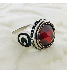 Kırmızı Zirkon Taşlı 925 Ayar Gümüş Erkek Yüzük
