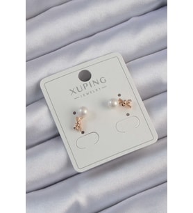 Xuping Rose Renk Zirkon Taşlı İncili Minimal Fiyonk Küpe