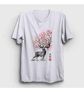 Presmono Unisex Beyaz Sakura Deer Geyik T-Shirt 372680tt