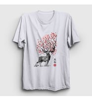 Presmono Unisex Beyaz Sakura Deer Geyik T-Shirt 372680tt