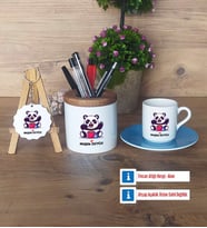 Sevimli Panda Hediye Sepeti Kalemlik, Türk Kahvesi Fincanı Kırmızı, Ahşap Anahtarlık Hediye (Model 3)