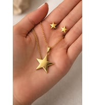 Yıldız Figürlü Altın Renk Paslanmaz Çelik Kolye Küpe Seti Unisex