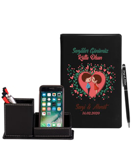 Sevgililer Gününe Özel Siyah Defter Kalem & Deri Kaplama Kalemlik Hediye Seti 3