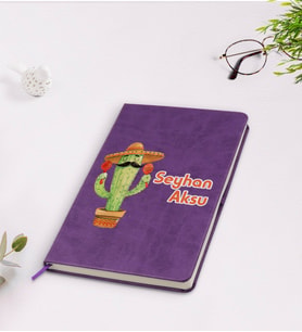 BK Gift Kişiye Özel Kaktüs Tasarımlı Mor Termo Deri Defter Model 7