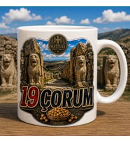 Çorum Temalı Memleket Kupası – 19 Çorum Hattuşa Aslanlı Kapı ve Leblebi Baskılı Seramik Kupa