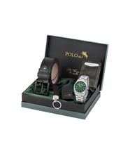 Polo Air Mercek Takvimli Erkek Kol Saati, Mıknatıslı Otomatik Mekanizmalı Cüzdan, Kemer, Kartlık, Anahtarlık Ve Çakmak Seti Gümüş Yeşil Renk PL-7098E3
