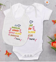 BK Kids Kişiye Özel Babalar Günü Tasarımlı Bebek Body Zıbın ve Mama Önlüğü Hediye Seti - Model 1