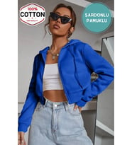 Kadın Saks Mavi Crop Fitted Kapşonlu Zip Fermuarlı Polar Hırka Sweatshirt