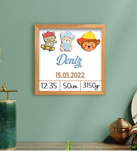 BK Gift Kabartma Figürlü Yeni Doğan Erkek Bebek Doğum Panosu Ahşap Tablo