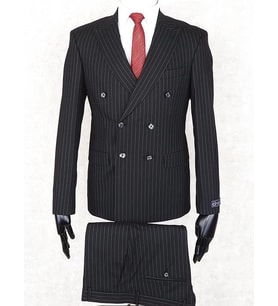 Jan Carlucci Slim Fit Sivri Yaka-Çift Yırtmaç  Siyah Çizgili Kruvaze Drop 6 Takım Elbise