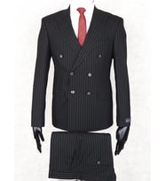 Jan Carlucci Slim Fit Sivri Yaka-Çift Yırtmaç  Siyah Çizgili Kruvaze Drop 6 Takım Elbise