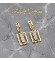 Gold Geometrik Küpe Işıltılı Taş Detaylı Günlük ve Gece Küpesi-Dz-1